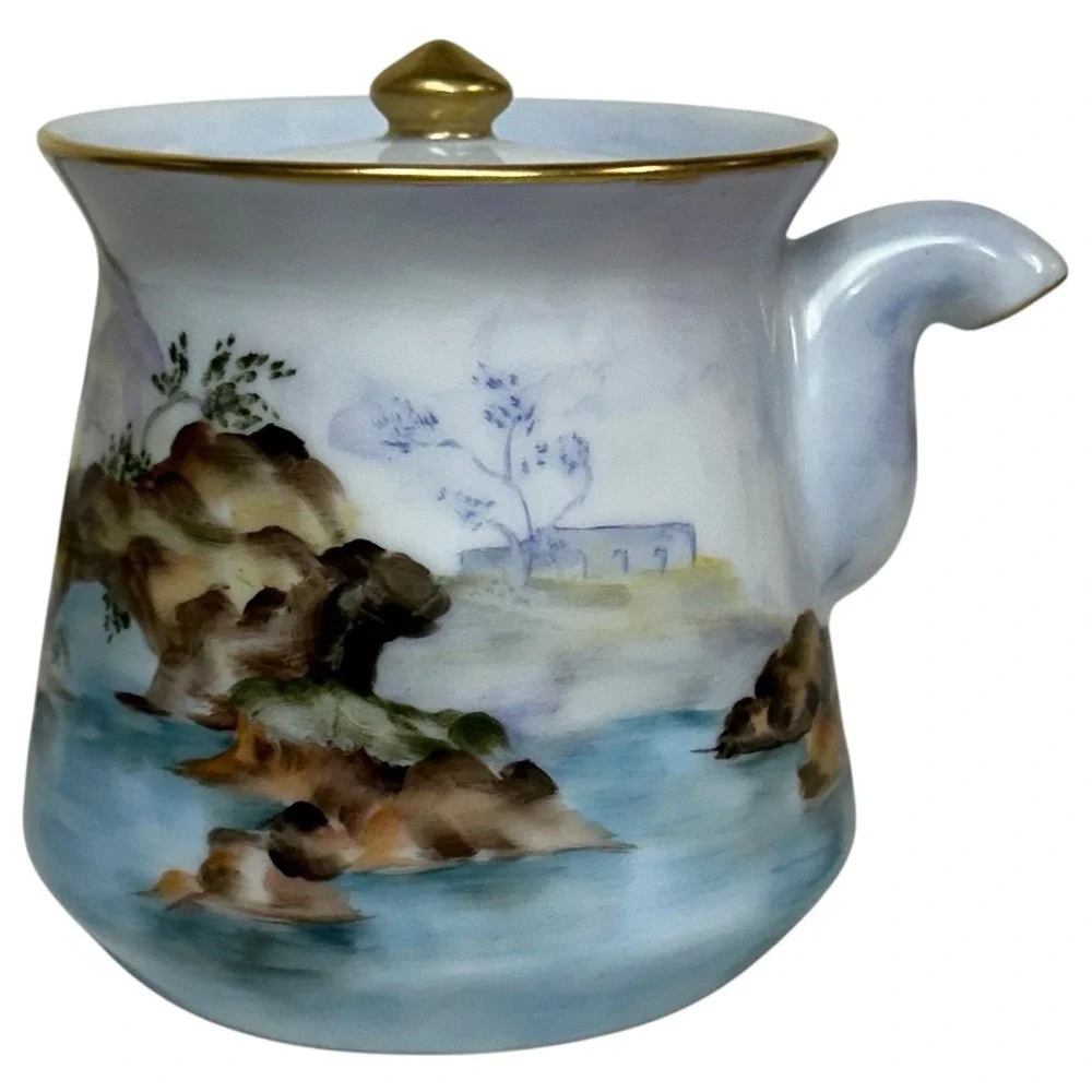 Kyusu‎ Japanese Teapot Hand Painted Signed Sansui Porcelain Fisherman Fuji VTG
